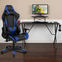 Flash Furniture BLN-X20RSG1031-BL-GG Black Gaming Desk and Blue Reclining Gaming Chair Set with Cup Holder, Headphone Hook, and Monitor/Smartphone Stand